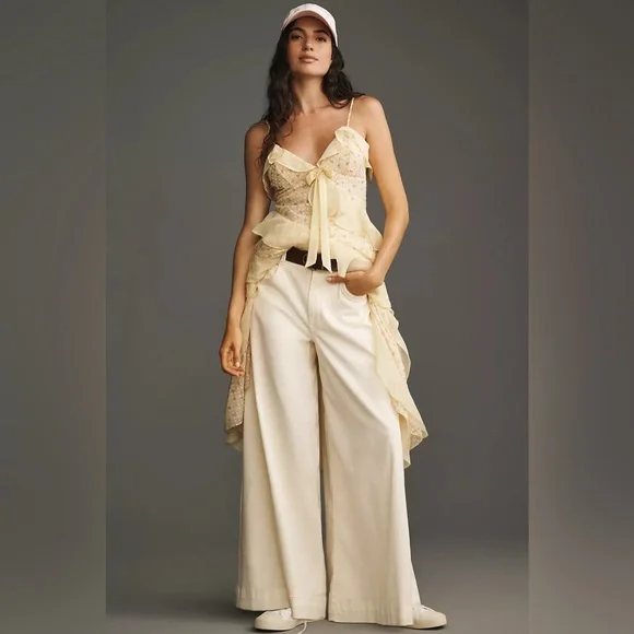Wide Leg High-Rise Cream Pants - Picture 2 of 5
